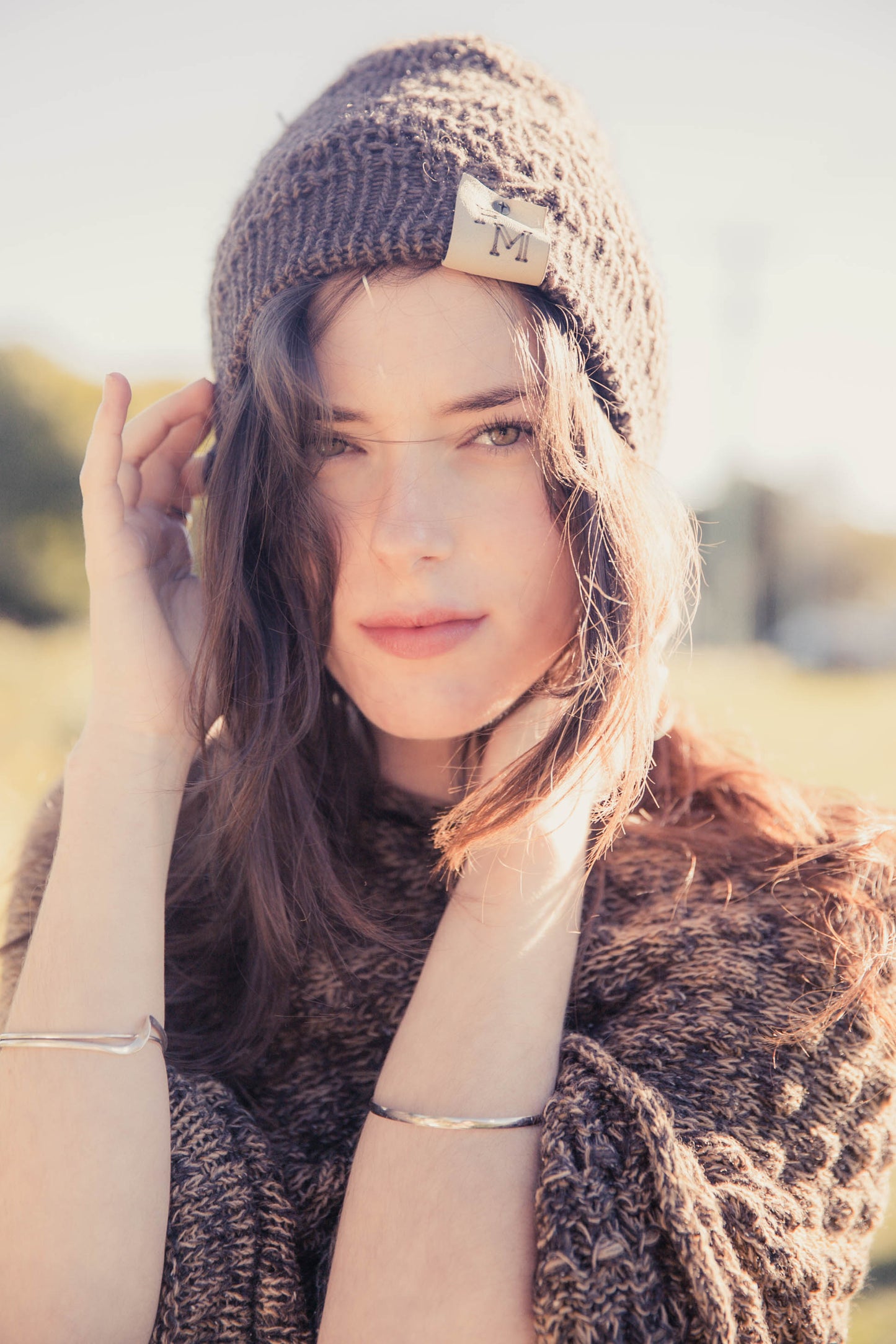 Double Layer Waffle Knit Beanie with fur pom pom